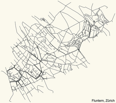 Detailed navigation urban street roads map on vintage beige background of the district Fluntern Quarter of the Swiss regional capital city of Zurich, Switzerland