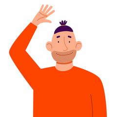 A fashionable male in casual clothes waves her hand. A flat vector illustration with a gesture of greeting a man.