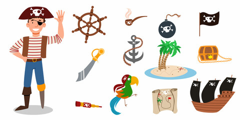 A set of pirate items. a pirate character in a suit, wearing a hat, without a leg and with an eye patch. vector illustration of a pirate sailor isolated on a white background