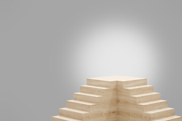 Cube stairway step wooden podium with colored background in luxury studio scene. Modern showroom interior 3d rendering image for product display.