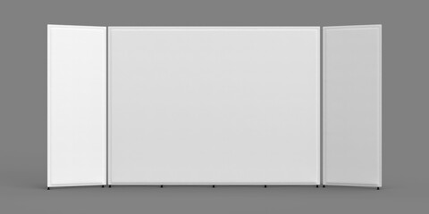 Obraz premium Exhibition Wall Banners, 2 Small Popup Walls on the Sides and one Large Banner Wall in the middle. Isolated on a grey background. 3d Render Illustration for Mockup.