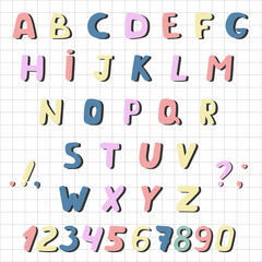 Cute Color alphabet. Hand drawing font for children. Flat isolated vector illustration.