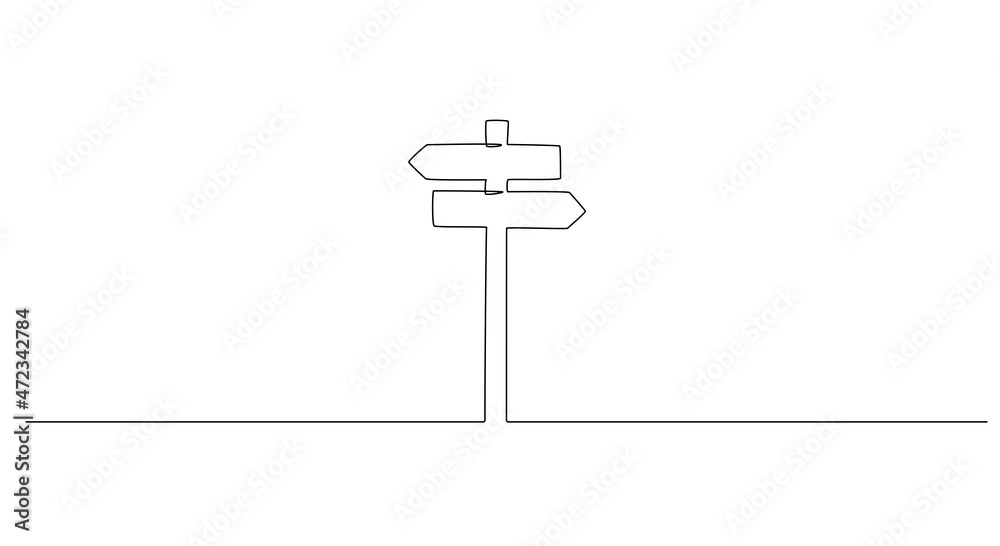 Wall mural one continuous line drawing of road direction signpost arrows to the right and left isolated on whit