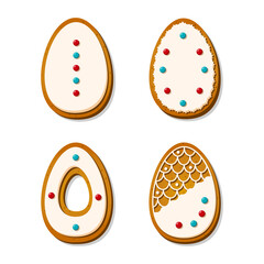 Easter gingerbread cookies in the shape of eggs in cartoon style. Sweet biscuits with pastel glaze isolated on white background. A holiday of religion. Vector illustration