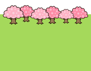 桜並木と緑色背景