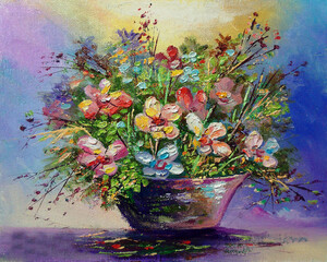 Art painting   Hand drawn Oil color flowers in vase from Thailand  , art harmony , Colorful painted