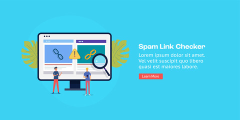 SEO tool, spam link checker, link building software solution, seo link analysis concept. Flat design digital marketing web banner with character and text. 