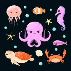 A set of marine animals on a dark background. Cartoon design.
