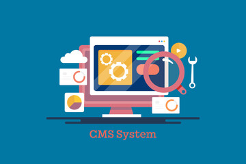 Content management system, cms panel interface displays on computer screen, managing content, data and information, blogging technology marketing cloud concept. Flat design web banner template.