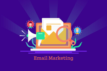 Email marketing, Sending message to customer with digital email communication, abstract technology violet background, vector illustration design concept. 