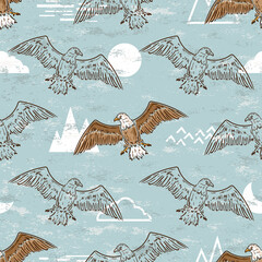 American Bald Eagle Soaring in Sky Seamless Pattern. Vector Blue Background with Birds of Prey.