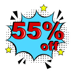 Pop art comic sale discount promotion banner. 55 percent off. Comic text 55 percent sale set discount. Promo sale fifty five percent poster