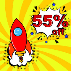 Pop art comic sale discount promotion banner. 55 percent off. Comic text 55 percent sale set discount. Promo sale fifty five percent poster