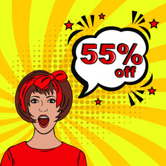 Pop art comic sale discount promotion banner. 55 percent off. Comic text 55 percent sale set discount. Promo sale fifty five percent poster