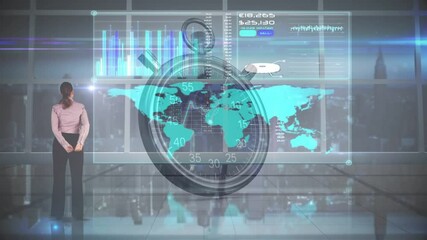 Animation of statistics with businesswoman and stopwatch - Powered by Adobe