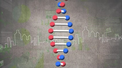 Animation of dna strand spinning, statistics and data processing over cityscape - Powered by Adobe
