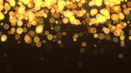 Fly gold particles and round bokeh on dark background, abstract cinematic and holiday style
