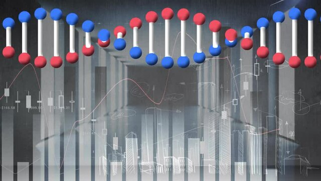 Animation of dna strand spinning, statistics and data processing over cityscape