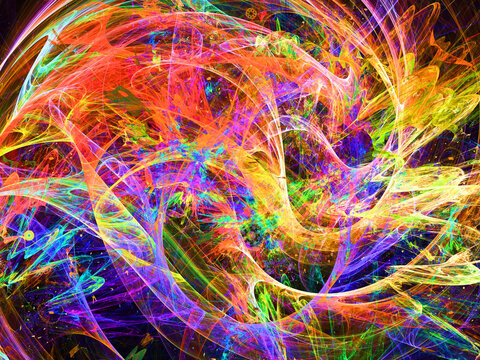 Composici&oacute;n de arte digital abstracto consistente l&iacute;neas paralelas y pinceladas coloridas mostrando un conjunto con aspecto de trayectorias solapadas de veh&iacute;culos espaciales.