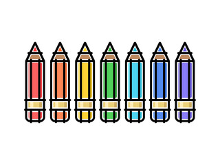 Colored pencils of rainbow colors, drawn in a flat, simplified, childlike style. Image with black outline, isolated vector illustration