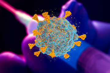Vaccine COVID-19 virus SARS-COV-2 OMICRON strain coronavirus with vaccine concept background,...