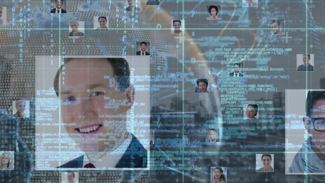 Animation of data processing over globe and network of photos of businessmen and businesswomen
