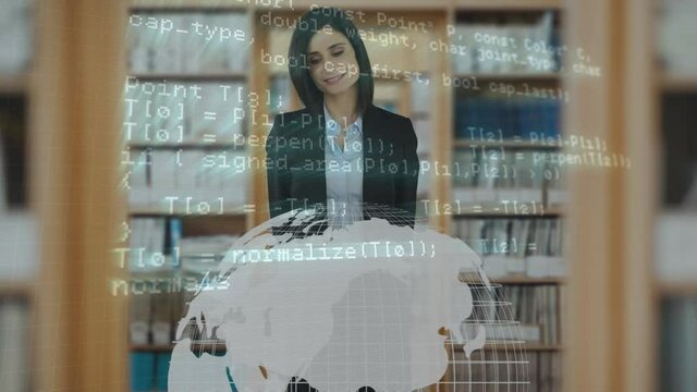 Animation of data processing over globe and businesswoman using interactive screen