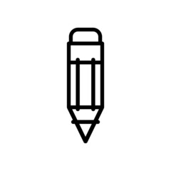A simple graphic pencil with an eraser at the end, drawn in a flat, simplified, childish style. Image with black outline, isolated vector illustration