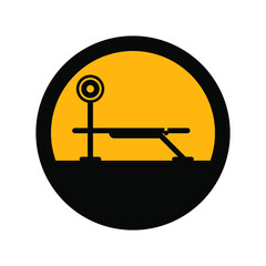 Barbell and bench, black and yellow colors, round sign for design on a white background, vector illustration