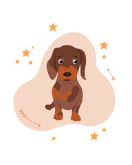 Cute sad dachshund sitting in front of white background. Black and tan wire haired dachshund puppy. Cartoon vector illusttation