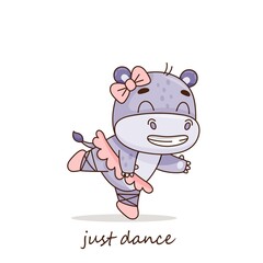 Funny hippo ballerina in a pink ballet tutu. Dance. Dancing hippopotamus. Postcard in cartoon kawaii style. Vector for design, banners, children's books and patterns. Vector illustration