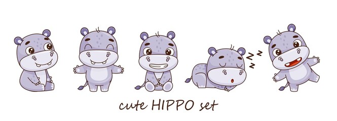 Set of cute hippos in cartoon style sit, laughs, sleep, go, dancing, hugs. Isolated on white. Vector illustration