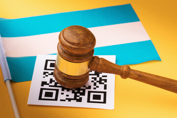 Judge gavel, barcode sheet and Argentine flag, concept of administrative punishment for violating...