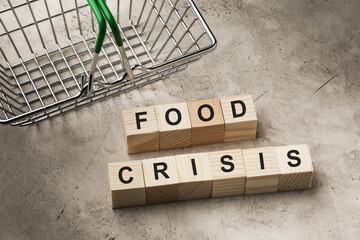 Empty grocery basket and wooden cubes with text on abstract background, food crisis concept