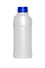 White pesticide bottle with blue cap on white background