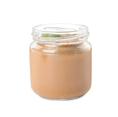 Delicious meat pate in glass jar isolated on white