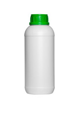 White pesticide bottle with green cap with white background