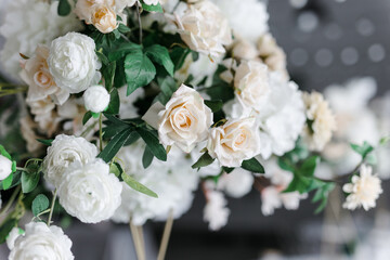 large flower arrangements for the wedding decor of the hall. the concept of a holiday and celebration.