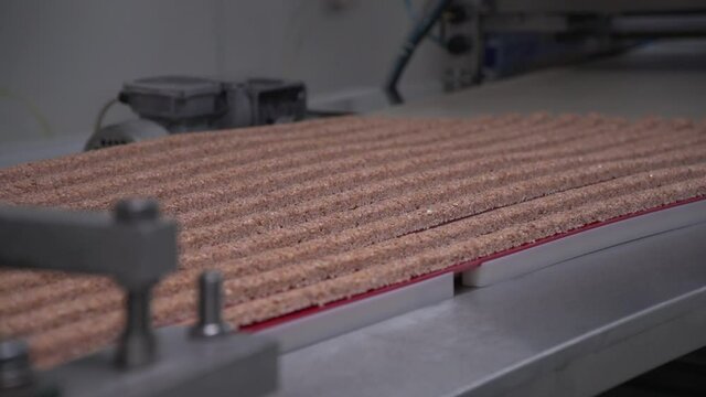 Close up of cutted nut material moving on nut bar making machine conveyor