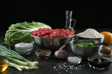 Composition with ingredients for gyoza on black table