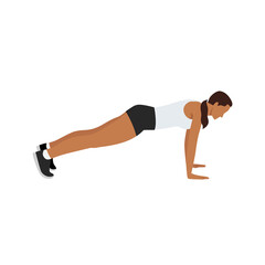 Woman doing plank. abdominals exercise flat vector illustration isolated on white background