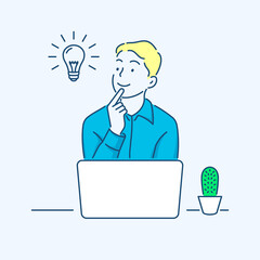 Vector illustration of man get inspiration in the front of laptop with happy smiling face and bulb icon in the air. 