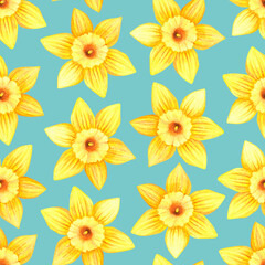 Fototapeta na wymiar Seamless pattern of daffodils. Watercolor vintage illustration. Isolated on a blue background.