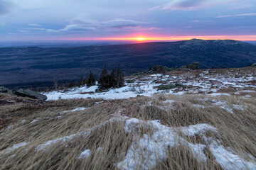 Beautiful sunrise from Dalny Taganay mountain. Taganay national Park, Zlatoust city, Chelyabinsk region, South Ural, Russia.