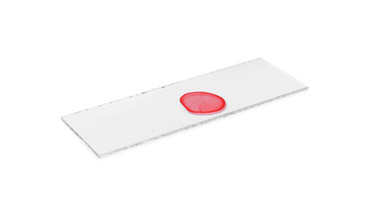 Microscope slide with sample of red liquid isolated on white