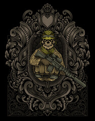 Obraz premium illustration vintage skull army with engraving style