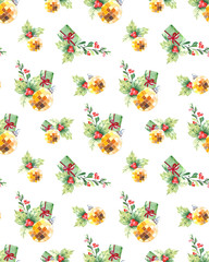 Seamless pattern with a gift, holly, Christmas tree toy and a green branch with red berries. Christmas background for textiles, wallpaper and holiday packaging.