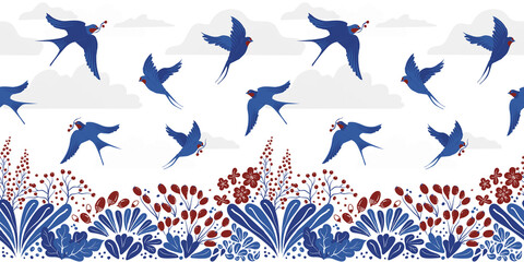 Vector seamless border pattern with hand-drawn birds, berries and flowers in classic blue red white colors.
