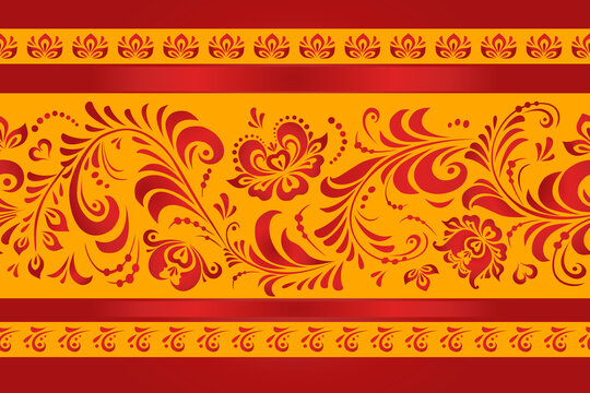 A horizontal seamless Ornament with red flowers and leaves