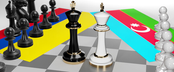 Colombia and Azerbaijan - talks, debate, dialog or a confrontation between those two countries shown as two chess kings with flags that symbolize art of meetings and negotiations, 3d illustration